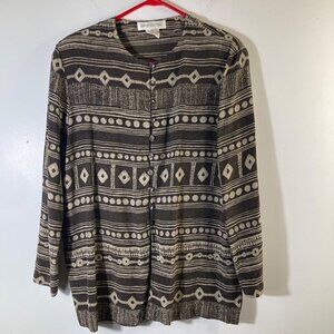Womens Vintage Jones New York Silk Button Shirt Aztec Print 3/4 Sleeve Brown Tan